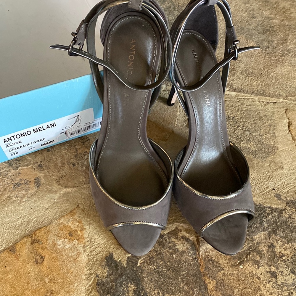 Antonio Melanie pewter/charcoal gray suede heels.